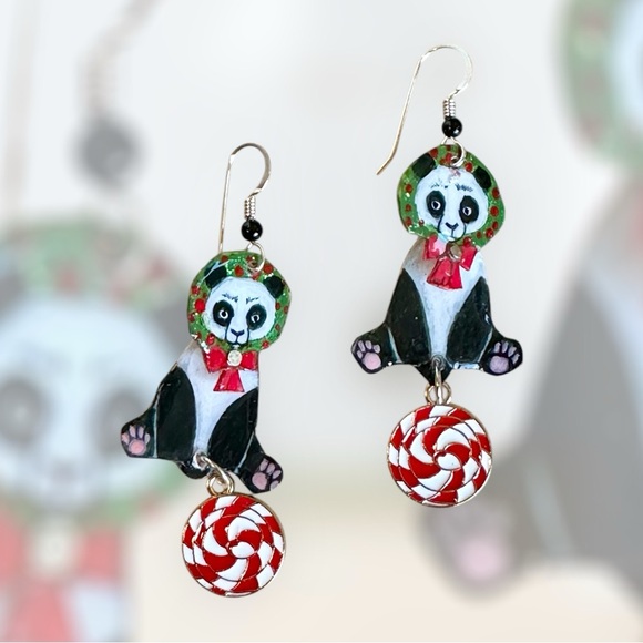 Handpainted Panda Bear earrings Xmas Christmas dangle OOAK lightweight Sterling - Picture 1 of 6